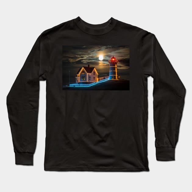 The supermoon rising over the Nubble Lighthouse York Maine Long Sleeve T-Shirt by WayneOxfordPh